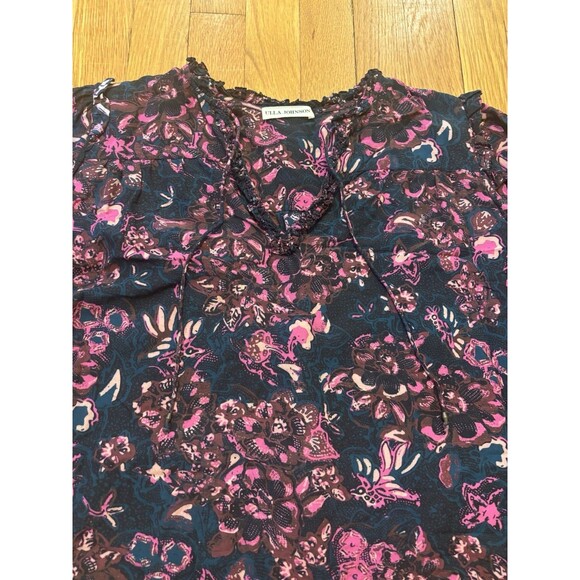 Ulla Johnson Rana Blouse Midnight Floral Ruffle Sleeve V Neck Tassel Size 4 Pink - Picture 5 of 8